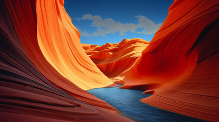 a photo of antelope canyon in arizona featuring a river flowing through the canyon walls. the image captures the beauty of the river water cascading down the walls, creating a stunning waterfall effect. the photo is done in the style of oliver wetter, with realistic blue skies and naturalistic landscape backgrounds. the high resolution of 32k uhd allows for texture-rich landscapes, reminiscent of maynard dixon'sの素材