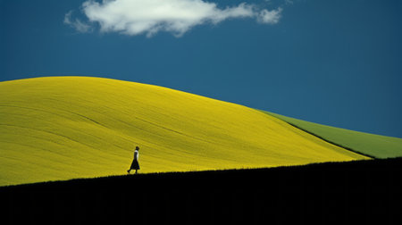 a person stands outdoors with a green hill as the backdrop, captured in the style of dark azure and yellow by janek sedlar using a rollei prego 90 camera. the image exudes a pastoral charm with its high contrast black and white tones, showcasing flowing silhouettes against saturated color fields. ai generatedの素材