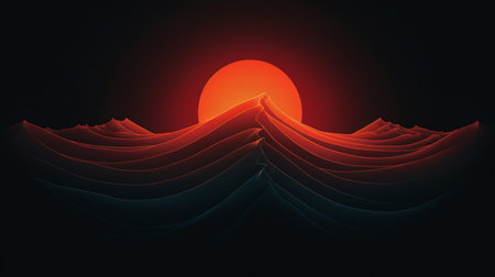 a sunset behind a wave on a black background, featuring a graphic design-inspired illustration. this surreal 3d landscape showcases abstract minimalism, with a focus on red and cyan colors. the image evokes the style of scientific illustrations and incorporates elements of desertwave, including circular shapes. ai generatedの素材
