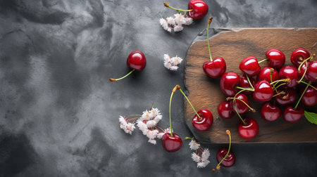 cherry cherries arranged on a wooden board placed on grey nightstands. this top view photo captures the essence of japanese influence with its bloomcore and dark themes. the image showcases the use of traditional techniques, kimoicore, and chalk, resulting in a striking display of dark red cherries. ai generatedの素材