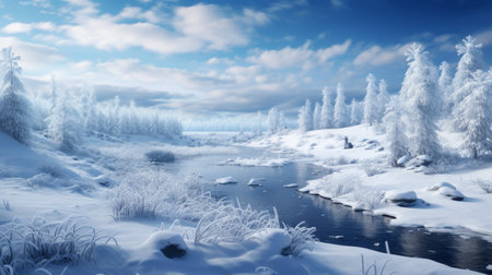 a stunning winter landscape featuring a serene lake surrounded by snow-covered scenery. this zbrush-inspired artwork captures the essence of the season, blending realism with an ethereal touch. the whimsical wilderness is brought to life with highly realistic details, from the blue skies to the epic fantasy-like ambiance. the light white and white hues add to the enchanting atmosphere. ai generatedの素材