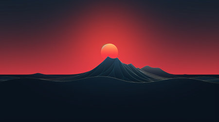 the photo captures a breathtaking sunset over the mountains, creating a stunning blue horizon. the image is rendered in a hyper-detailed illustration style, with dark gray and red tones. it features minimal retouching, showcasing the raw beauty of the landscape. inspired by desertwave and minimalistic japanese aesthetics, this uhd image showcases textured and organic landscapes. ai generatedの素材