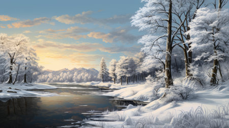 a large body of cold water is depicted in this realistic landscape illustration. the scene showcases a romanticized depiction of wilderness, with light gray and amber tones creating a serene atmosphere. the artist's tonalist approach beautifully captures the essence of snow scenes, adding to the overall romantic feel of the artwork. ai generatedの素材