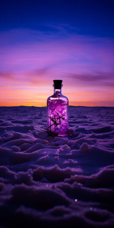 a bottle sits in the snow, captured in the style of ultraviolet photography. the image showcases richly colored skies, with hues inspired by marine biology. tenebrism-inspired lighting adds depth to the uhd image, while the pink and amber tones create a captivating miniature illumination. ai generatedの素材