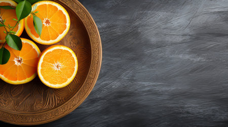 orange slices arranged on a wooden plate, surrounded by vibrant green leaves. the composition is set against a backdrop of dark gray and gray, textured backgrounds, showcasing intricate patterns and traditional craftsmanship. the combination of quantumpunk aesthetics and polished concrete creates a visually captivating scene. ai generatedの素材