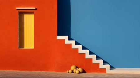 a vibrant orange building featuring a striking yellow door stands adjacent to a set of stairs. this captivating photograph, reminiscent of the artistic styles of peter lippmann, azure, national geographic, viviane sassen, mediterranean landscapes, playful shapes, and photorealistic still lifes, showcases the unique charm of its mediterranean surroundings. ai generatedの素材