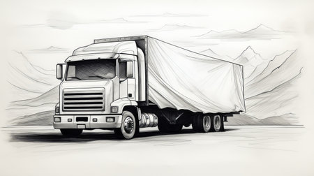 isolated semi truck with white tarpaulin and high mountains, depicted in the style of ink wash. this graphic design showcases classical figurative realism and hand-drawn animation. the image, found on flickr, combines elements of still life realism with distinctive noses and detailed line-work. ai generatedの素材