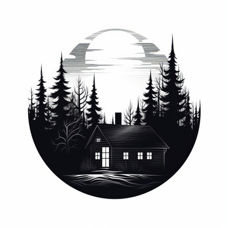 a silhouette of a cabin stands in the forest, showcasing a stylized realism style. the rounded shape of the cabin is highlighted by the contrasting light silver and dark black tones. the image exudes a sense of harmony with nature, captured in black and white ink. this eye-catching depiction of nightscapes is sure to captivate viewers. ai generatedの素材
