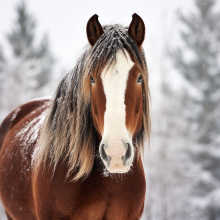 a red brown horse stands on a snowy meadow, exuding a strong facial expression. the photo captures the essence of western-style portraits with its dark brown and silver tones. the horse's soft-focus portrait is complemented by the timber frame construction in the background. the image is further enhanced by streaked whirring contrivances. ai generatedの素材