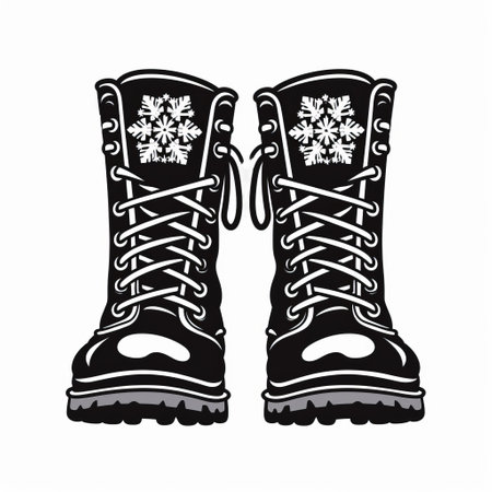 a vector illustration of white boots with snowflakes and laces, created in a woodcut style. the image showcases strong contrast and features a creative commons attribution. the boots are depicted in dark black and black colors, inspired by the works of kerry james marshall. the overall aesthetic has a post-apocalyptic vibe, making it a unique and eye-catching logo. ai generatedの素材
