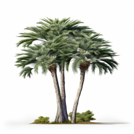 two palm trees stand tall in the distance against a clean white background. this hyper-detailed rendering captures the precisionist style of detailed botanical illustrations. the image exudes a sense of tranquility and showcases the beauty of nature. ai generatedの素材