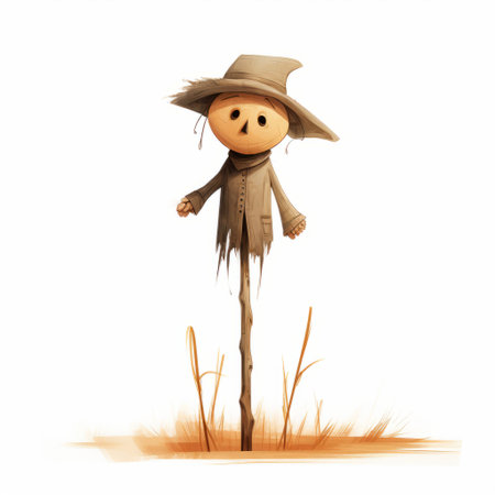 a cute scarecrow on a stick, resembling a simple and minimalistic childbook drawing. the design features soft and rounded forms, created by oscar dominguez in the style of oshare kei. this 32k uhd image showcases the scarecrow isolated on a white background. ai generatedの素材