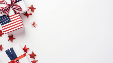 patriotic gift boxes in red, white, and blue, featuring an ethereal minimalistic design. these boxes have ample space for an american flag and stars, set against a clean white background. captured with a fujifilm xf 35mm f1.4 r lens, the aerial photography showcases nature-inspired shapes in light gray and light crimson, complemented by hints of light red and dark emerald. ai generatedの素材