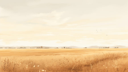 an illustration showcasing the serene beauty of west asia's prairie landscape, combining the essence of dutch landscapes and suffolk coast views. embrace gentle hues, panoramic scale, and a touch of peacefulness with delicate tones of light yellow and light blue. ai generatedの素材