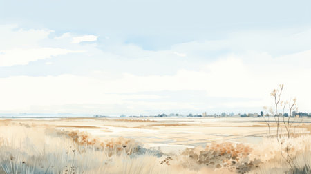 an illustration showcasing the serene beauty of west asia's prairie landscape, combining the essence of dutch landscapes and suffolk coast views. embrace gentle hues, panoramic scale, and a touch of peacefulness with delicate tones of light yellow and light blue. ai generatedの素材