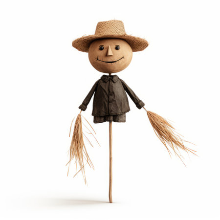 3d model of an old man wearing a straw hat, showcasing a playful character design with rustic figurative elements. the asymmetric balance adds a unique touch to this halloween-inspired depiction of rural life. the miniaturecore aesthetic is enhanced by the use of natural fibers, creating a charming and whimsical portrayal. ai generatedの素材