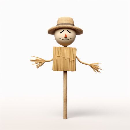 a tall straw woman, adorned with a hat and dressed in a brown scarf, stands as a conceptual minimalist sculpture. with cute cartoonish designs, this wooden figure embodies the essence of smilecore. its realistic rendering beautifully combines natural and man-made elements, resulting in a simplistic cartoon-like appearance. ai generatedの素材