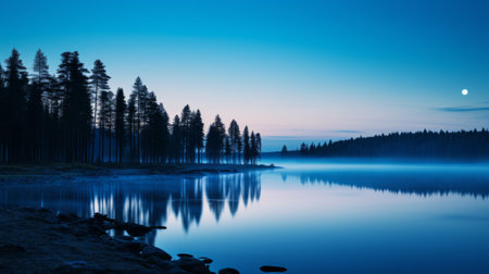 the photo captures a mesmerizing reflection of the sun in a lake, showcasing a blend of light azure and navy hues. with a touch of mystery, it evokes the atmosphere of nocturnal scenes. this national geographic photo beautifully romanticizes the wilderness, reminiscent of california impressionism. the image is presented in stunning 8k resolution, enhancing the ethereal mist surrounding the scene. ai generatedの素材