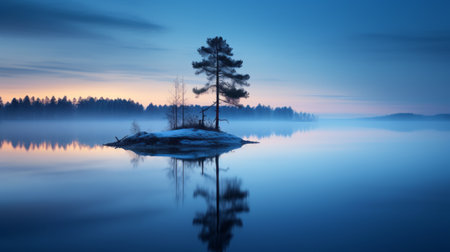 the photo captures a serene lake at sunrise, with a solitary tree standing tall in the center. the image showcases a unique blend of dark white and light blue tones, creating an ethereal and transparent atmosphere. it beautifully portrays the breathtaking norwegian nature. taken with the tokina at-x 11-16mm f/2.8 pro dx ii lens, the photo exhibits a matte finish with intense color saturation inの素材
