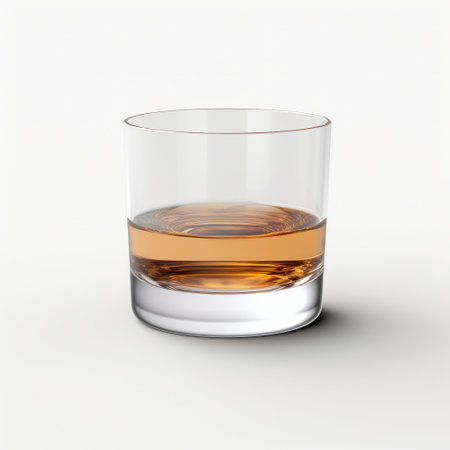 a whiskey glass, captured in a stock photograph, is showcased on a clean white background. the image is created in the style of daz3d, a minimalist illustrator known for their realistic landscapes with soft edges. the color palette features light brown and pink tones. this photo is available under the creative commons attribution license and was taken with a sony alpha a1 camera. the overallの素材