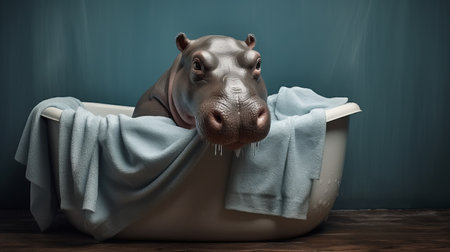 a hippo in a bathtub wearing a bathrobe is depicted in this hyper-detailed and eerily realistic rendering. created using ray tracing and zbrush, this uhd image showcases the artist's talent in capturing the intricate details of realistic animal portraits. the level of beauty and realism in this artwork is truly astonishing. ai generatedの素材