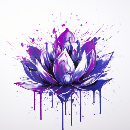 a purple lotus flower, depicted in a graffiti-inspired illustration style by mark lague, stands out against a clean white background. this body art piece showcases a dark, elegant composition with hints of white and blue. the tattoo-like design incorporates a paint dripping technique, adding a unique touch to the overall aesthetic. ai generatedの素材