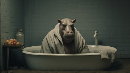 hippopotamus in a big tub wearing a long sleeve shirt, captured in a surrealistic style of photography. this animated gif showcases the unique concept of "mommy's on-the-phonecore" with a touch of aurorapunk. the minimalist canvas and the use of canon eos 5d mark iv create a soggy yet captivating visual experience. ai generatedの素材