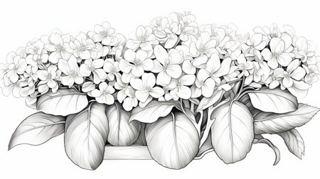 a photo of a stunning vase filled with beautiful flowers is captured in this realistic and hyper-detailed rendering. the symmetrical arrangement showcases the white and gray blooms, complemented by intricate leaf patterns. set against a white background, this image exudes elegance and showcases the meticulous attention to detail in its realistic rendering. ai generatedの素材