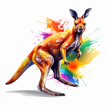 kangaroo paint splash vector illustration featuring the vibrant and dynamic style of esao andrews. this colorful and realistic artwork captures the lively movement of the kangaroo, reminiscent of the artistic influences of dinocore, joram roukes, and rainbowcore. the illustration showcases the intricate details and the mesmerizing effect of realistic watercolor paintings. ai generatedの素材