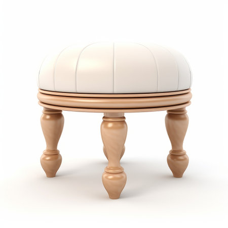 a wooden stool with white leather upholstery, designed in the style of daz3d, showcases classical proportions and rounded forms. the toning technique used adds a touch of dry wit humor to the piece. the stool features a light orange and gold color scheme. this photo is available under the creative commons attribution license. ai generatedの素材