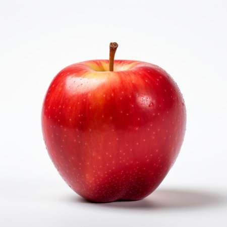 a red apple with drops on a white background, captured in the style of graflex speed graphic by the vancouver school. this uhd image showcases a shiny, glossy apple with vibrant colors and bold lines. the realistic renderings of the human form add a subtle touch to the overall composition. ai generatedの素材