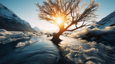 sun rays illuminate a snowy lake in new zealand, creating a mesmerizing scene reminiscent of a concept art rendered in unreal engine. twisted branches and flowing textures add depth to the captivating visual storytelling. the combination of light cyan and amber hues enhances the enchanting ambiance. this photo beautifully captures the essence of nature, inspiring environmental activism. ai generatedの素材