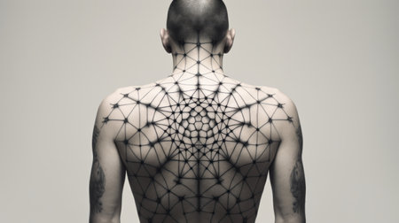 a man wearing a cybernetically styled shirt adorned with intricate tattoos featuring multifaceted geometry, intricate webs, and delicate lines. the tattoos showcase spiritual core and organic sculptures, creating intricate patterns that captivate the eye. ai generatedの素材