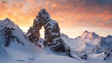 a snow-covered couple hiking in the majestic snowy mountains, surrounded by arched doorways and organic formations. this national geographic-style photo captures the richly colored skies and the influence of the dusseldorf school of photography. the backlight adds a captivating touch to this contest-winning image. ai generatedの素材