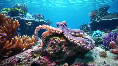 an octopus gracefully navigating through a vibrant coral reef teeming with marine life, accompanied by a resting rattlesnake on a rock. this captivating wide-angle shot showcases the breathtaking beauty and diversity of the underwater world. the image is in stunning 8k resolution, providing a lifelike and immersive experience. ai generatedの素材