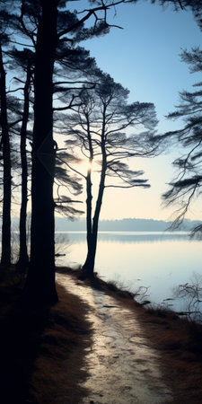 a person skateboarding amidst a serene backdrop of trees, captured in the artistic style of bess hamiti. this high-resolution image showcases the tranquility of william langson lathrop's calm waters, with a touch of lesser ury's influence. the iso 200 setting enhances the silhouette lighting, creating a visually captivating scene. ai generatedの素材