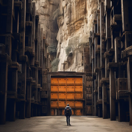 a boy walks out of a narrow canyon cliff, passing through a tall wooden gate that showcases brutalist architecture. the gate features huge wood doors secured with metal bars and chains. the window and locks on the gate create a silhouette effect. the overall design combines elements of baroque style, with a duotone color scheme of orange khaki and purple khaki, resulting in a minimalの素材