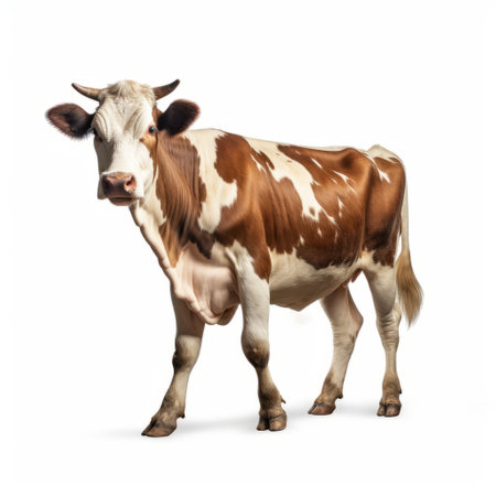 an old spotted cow, with its distinct markings, stands gracefully on a pristine white background. this captivating photo, captured in stunning 8k resolution, showcases the cow's colorized coat in a beautiful combination of light maroon and white. it is reminiscent of a national geographic-style image, available under a creative commons attribution license. the photo also possesses elements of wimmelbilder, adding an intriguing touch to itsの素材
