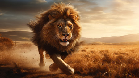 a lion galloping freely through a vast landscape, its manes flying in the wind and hooves leaving traces in the soft grass. the sun's warm light emphasizes the grace and strength of these majestic animals. this impressive wallpaper captures the beauty and freedom of the animal world, making it a stunning addition to any space. ai generatedの素材