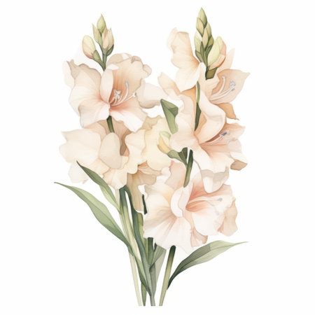 a watercolor gladiola with a charming character is depicted in this illustration. the stem, flower, and branch are beautifully painted in light pink and light beige tones, giving it a pastoral charm. the precise and lifelike detailing adds to the realistic appeal of this artwork, making it a delightful piece with light beige and light amber hues. ai generatedの素材