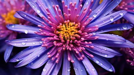 purple and pink flowers glisten with raindrops in this high-definition wallpaper. captured in the style of the zeiss batis 18mm f2.8 lens, the image showcases the artistic influence of alex grey. the combination of light indigo and yellow hues adds a vibrant touch to the sharp and prickly petals. this photograph by marguerite blasingame exudes emotional expressiveness, reminiscent of the captivating work of nathan wirth.の素材
