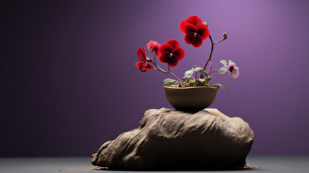 red flowers in a pot sit atop an object, captured in the style of ultraviolet photography. the scene showcases organic stone carvings, with a graceful balance of dark purple and light beige hues. the minimalist background adds to the overall aesthetic, influenced by ancient chinese art. this stunning image is enhanced by the use of vray technology. ai generatedの素材