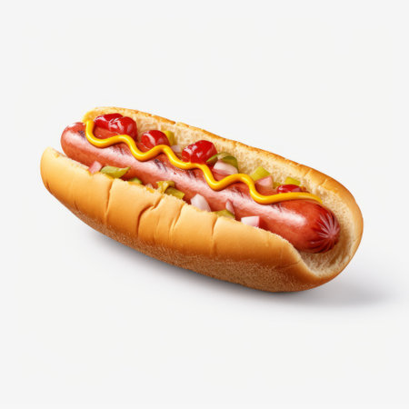 a hyperrealistic precision art file of a white hot dog topped with lettuce and mustard. the image showcases the intricate details and vibrant colors, with a light red and amber tone. captured using a sony alpha a1 camera with a long lens, the double lines add a touch of elegance to the majestic composition. ai generatedの素材