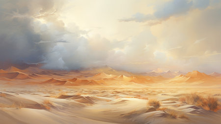 a photo of a desert landscape with a captivating sky filled with clouds. this art piece, inspired by the style of artgerm, showcases a combination of light beige and gold tones. the highly detailed environment creates an emotive field of color, reminiscent of genre painting. the photo captures the essence of desertpunk and atmospheric seascapes. ai generatedの素材