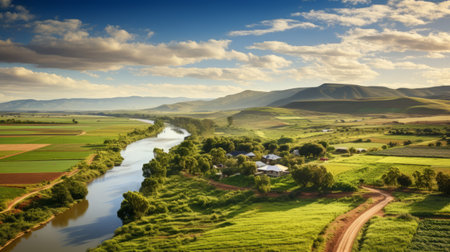 aerial view of idyllic farming at dundas river, calcutta, south africa, showcasing richly colored skies and mountainous vistas. the image captures the style reminiscent of erik johansson's artwork, with a combination of light white and green hues. the scene exudes a traditional vietnamese feel, with crisp and delicate details, reminiscent of hinchel or similar styles. ai generatedの素材
