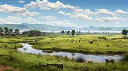 a photo of a serene forest in the countryside, capturing the essence of exotic landscapes. the image showcases hyper-realistic animal illustrations, reminiscent of xbox 360 graphics. the scene evokes a sense of tranquility, resembling serene pastoral scenes found in cambodian art. the brushstroke fields add depth and texture, reminiscent of a national geographic photo. ai generatedの素材