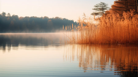 a serene lake surrounded by vibrant autumn-colored bamboo reflects its beauty on the calm water's surface. this tranquil scene captures the serenity and appreciation for nature's fall splendor. shot during golden hour, the image showcases the soft, warm light illuminating the plain, creating a peaceful ambiance. ai generatedの素材