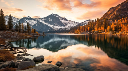 a serene lake nestled in a valley, surrounded by vibrant autumn-colored fir trees, creates a tranquil scene. the calm water reflects the trees' vibrant hues, enhancing the beauty of nature during the fall season. captured during golden hour, the soft, warm light illuminates the valley, adding to its serene ambiance. ai generatedの素材