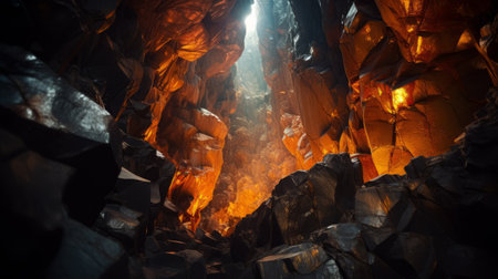 a cave with a godly realistic close-up showcasing the photo realism of the colourful rocks. the brittle and beautiful rocks create an elegant and dry atmosphere. the rich and vivid contrast, along with the depth of field and black tones, make for a crisp and impressive shot. this photo was captured on a 100mm lens with an aperture of f/2.0, using natural lighting. it isの素材
