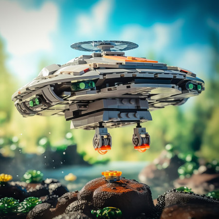 a lego ufo in an alien world, captured in a high-energy, nature-inspired image. the photo showcases a shallow depth of field, with vibrant gray and bronze colors. lens flares add a touch of realism to the stylized and precise composition. explore this captivating lego creation on lego.com. ai generatedの素材